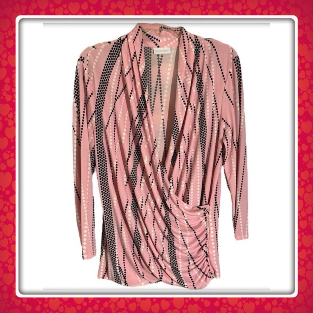 Women’s New York & Co faux wrap top - ruched - pink black white dots - Large